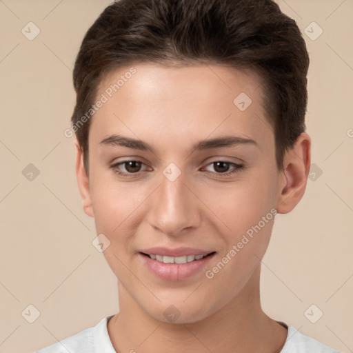 Joyful white young-adult female with short  brown hair and brown eyes