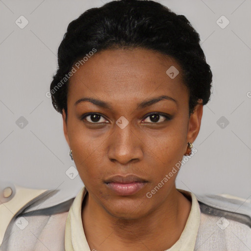 Neutral black young-adult female with short  black hair and brown eyes