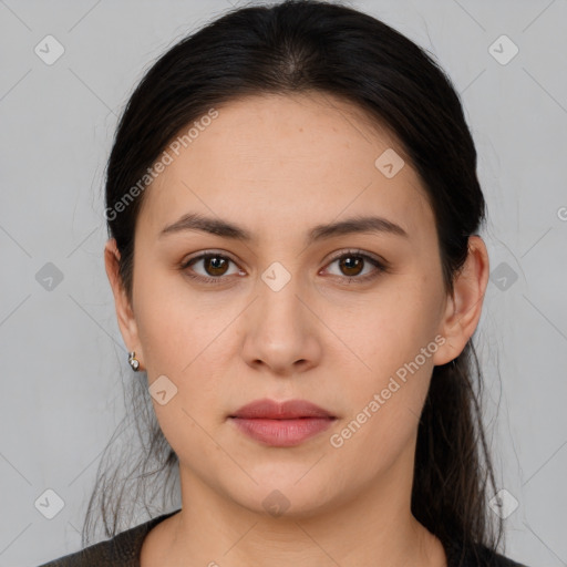 Neutral white young-adult female with medium  brown hair and brown eyes