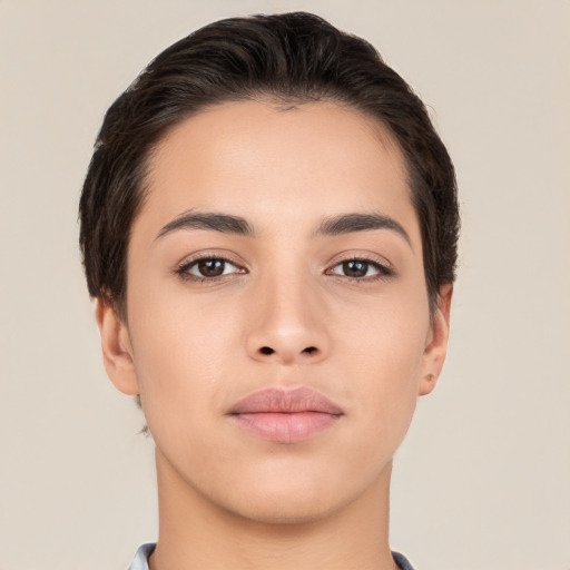 Neutral asian young-adult female with short  brown hair and brown eyes