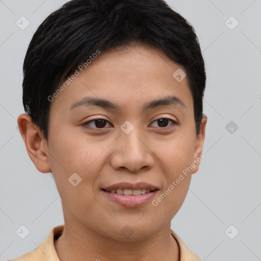 Joyful asian young-adult female with short  brown hair and brown eyes