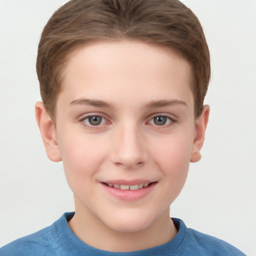 Joyful white child female with short  brown hair and grey eyes