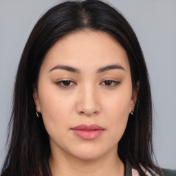 Neutral asian young-adult female with long  brown hair and brown eyes