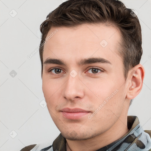 Neutral white young-adult male with short  brown hair and grey eyes