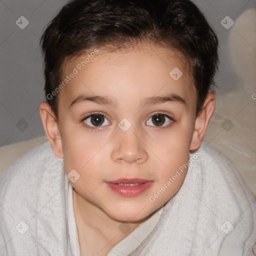 Joyful white child female with short  brown hair and brown eyes