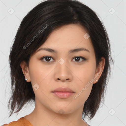 Neutral asian young-adult female with medium  brown hair and brown eyes