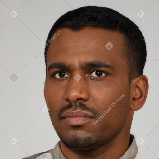 Neutral black young-adult male with short  black hair and brown eyes