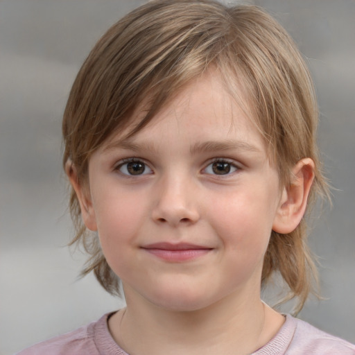 Joyful white child female with medium  brown hair and grey eyes