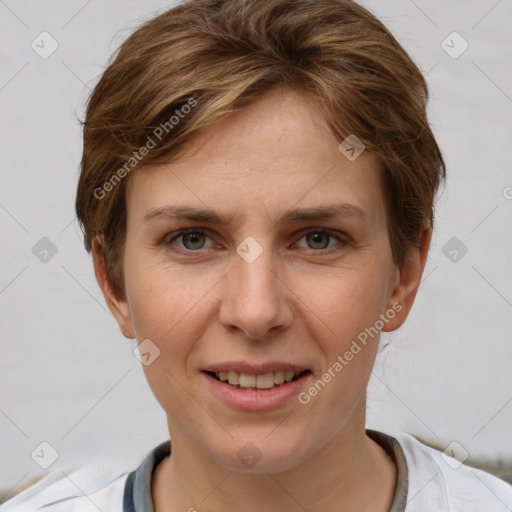 Joyful white young-adult female with short  brown hair and grey eyes