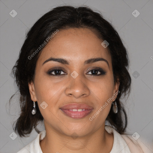 Joyful black young-adult female with medium  brown hair and brown eyes