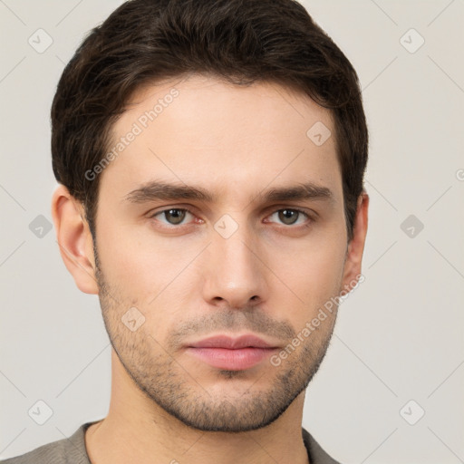 Neutral white young-adult male with short  brown hair and brown eyes