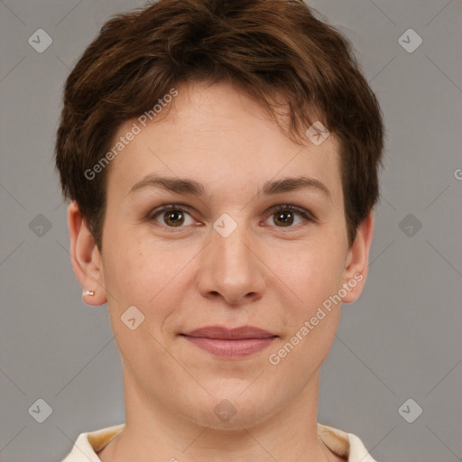 Joyful white young-adult female with short  brown hair and brown eyes