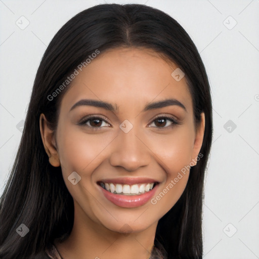 Joyful latino young-adult female with long  black hair and brown eyes