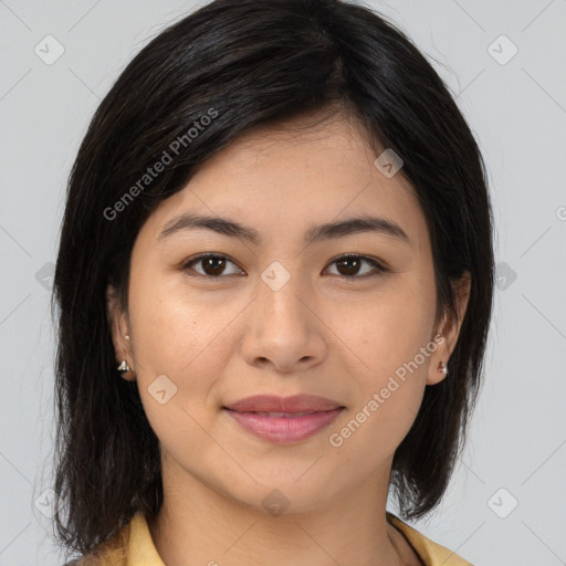 Joyful asian young-adult female with medium  brown hair and brown eyes