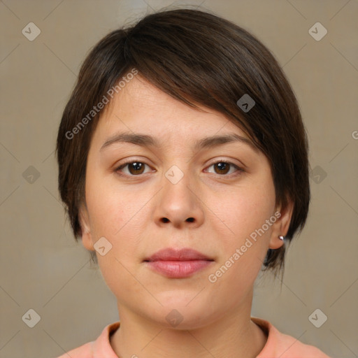 Neutral white young-adult female with medium  brown hair and brown eyes