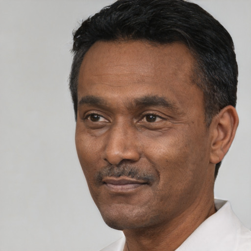 Neutral black adult male with short  black hair and brown eyes