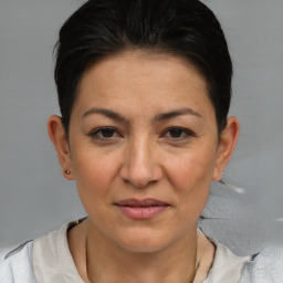 Joyful white adult female with short  brown hair and brown eyes