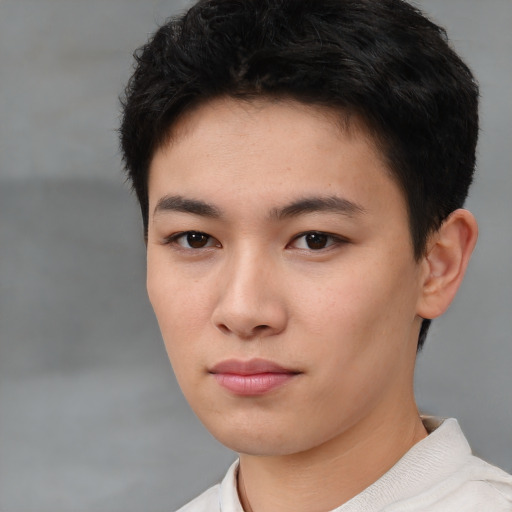 Neutral asian young-adult female with short  brown hair and brown eyes