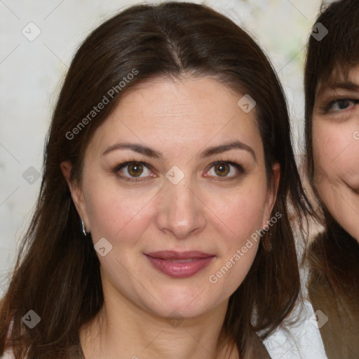 Joyful white young-adult female with medium  brown hair and brown eyes