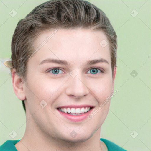 Joyful white young-adult female with short  brown hair and grey eyes