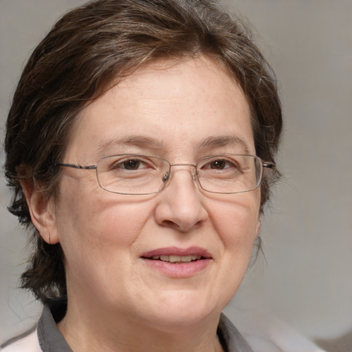 Joyful white middle-aged female with medium  brown hair and brown eyes