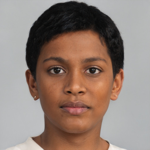 Neutral black young-adult female with short  black hair and brown eyes