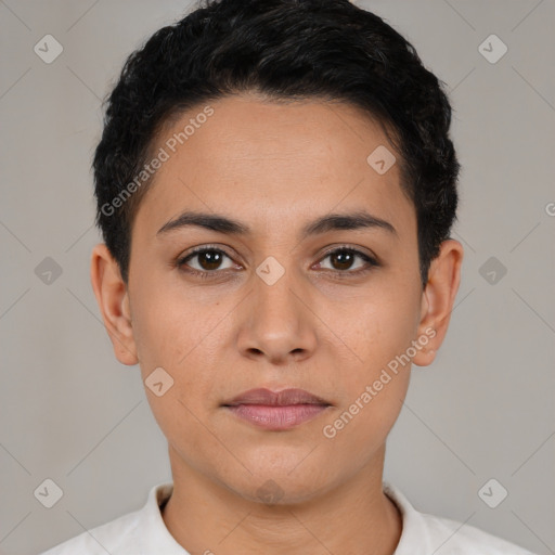 Joyful latino young-adult female with short  black hair and brown eyes