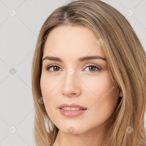 Neutral white young-adult female with long  brown hair and brown eyes