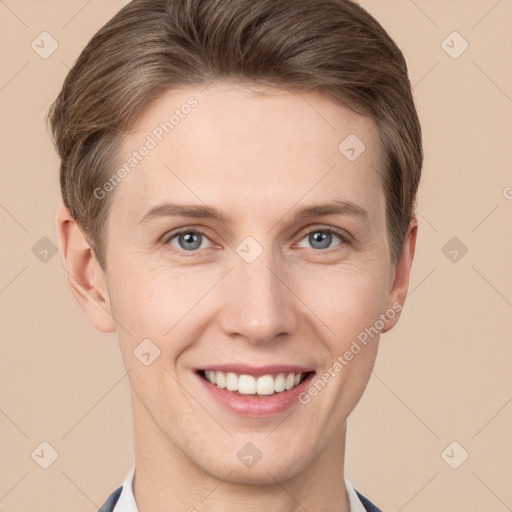 Joyful white young-adult female with short  brown hair and grey eyes