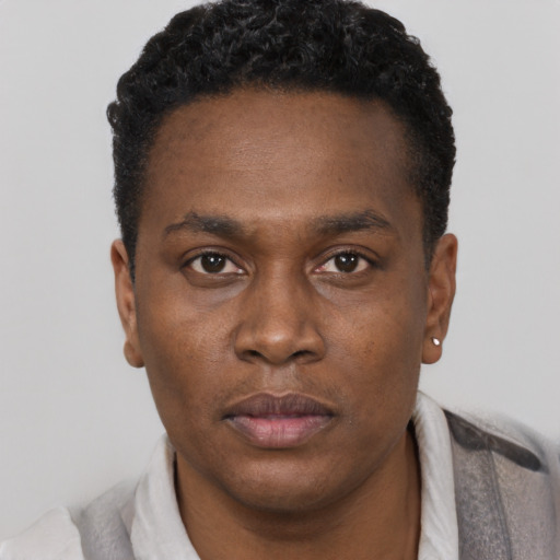 Neutral black young-adult male with short  black hair and brown eyes