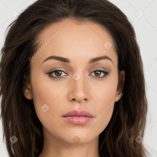 Neutral white young-adult female with long  brown hair and brown eyes