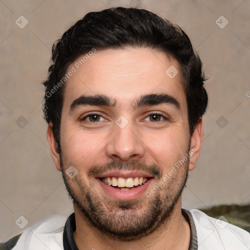 Joyful white young-adult male with short  black hair and brown eyes