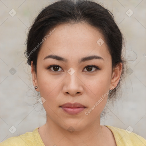 Neutral asian young-adult female with medium  brown hair and brown eyes