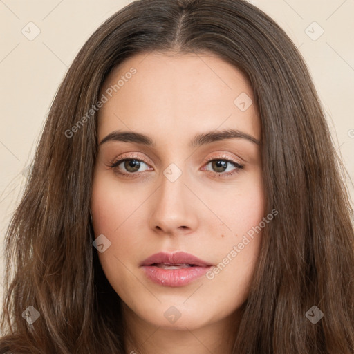 Neutral white young-adult female with long  brown hair and brown eyes