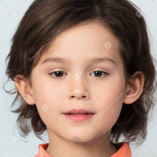 Joyful white child female with medium  brown hair and brown eyes