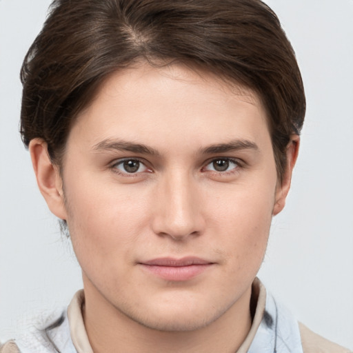 Neutral white young-adult female with short  brown hair and brown eyes