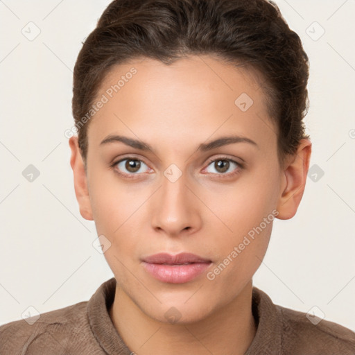 Neutral white young-adult female with short  brown hair and brown eyes