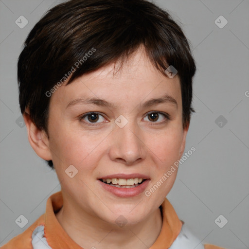 Joyful white young-adult female with medium  brown hair and brown eyes