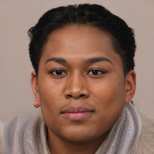 Joyful black young-adult female with short  brown hair and brown eyes