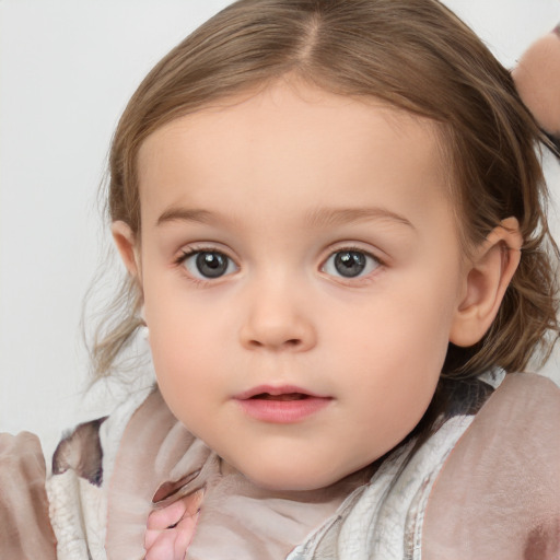 Neutral white child female with medium  brown hair and blue eyes