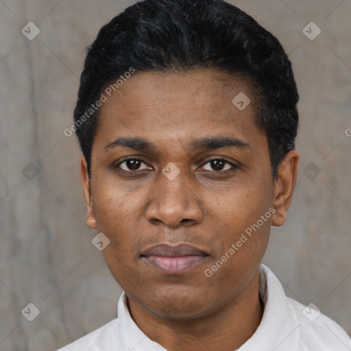 Neutral black young-adult male with short  black hair and brown eyes