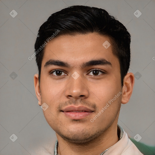 Neutral latino young-adult male with short  black hair and brown eyes