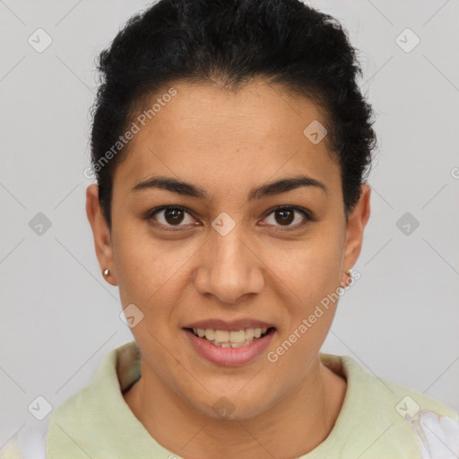 Joyful latino young-adult female with short  brown hair and brown eyes