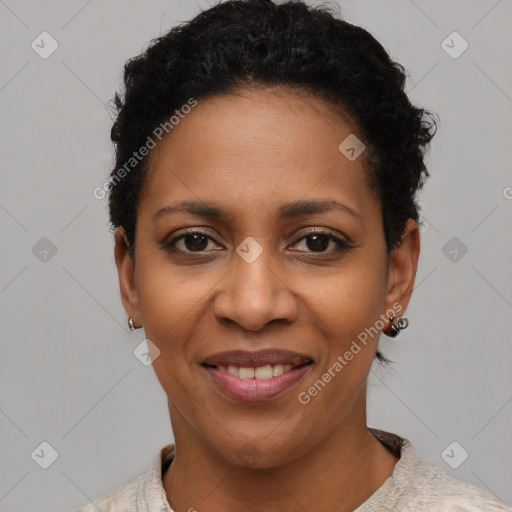 Joyful latino young-adult female with short  black hair and brown eyes