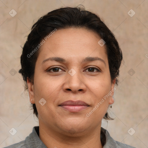 Joyful white adult female with short  brown hair and brown eyes