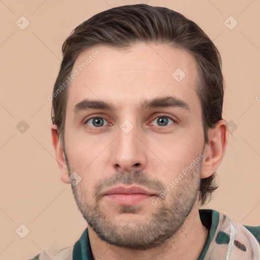 Neutral white young-adult male with short  brown hair and brown eyes