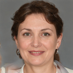 Joyful white adult female with medium  brown hair and blue eyes