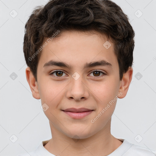 Joyful white child male with short  brown hair and brown eyes