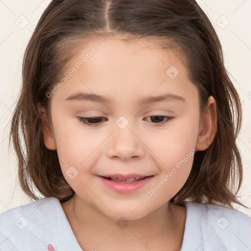 Joyful white child female with medium  brown hair and brown eyes