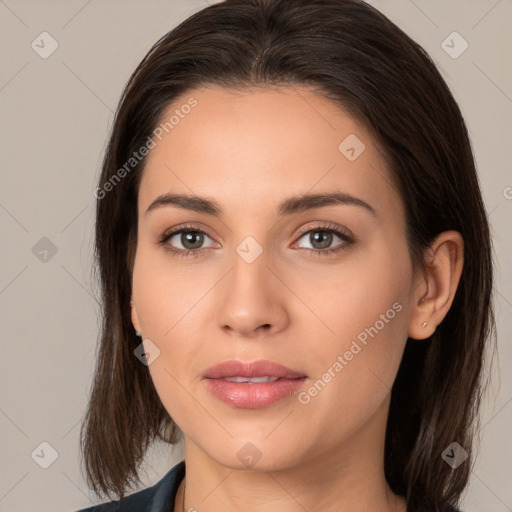 Neutral white young-adult female with medium  brown hair and brown eyes